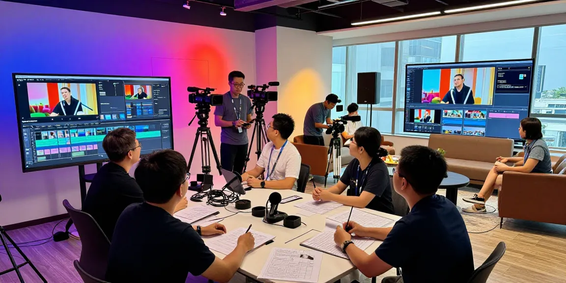 Team collaboration on Singapore Corporate Video Production project in a modern studio.