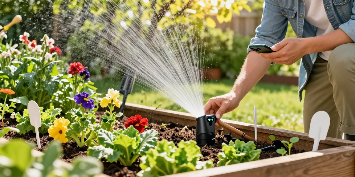 Gardener using rainpoint sprinkler timer to efficiently water vibrant plants in a sunny garden.