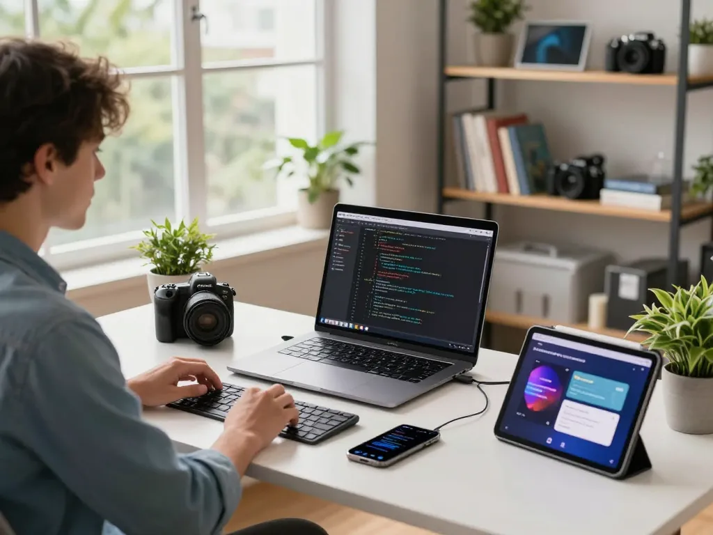 Young professional coding in a modern workspace surrounded by must have tech gadgets, showcasing a vibrant and productive atmosphere.