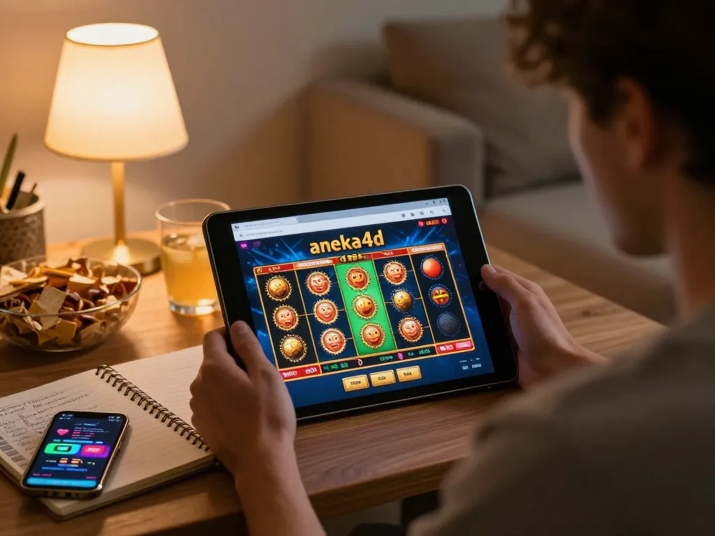 Pemain yang menikmati permainan slot yang mendebarkan di aneka4d dalam lingkungan rumah yang nyaman, menekankan permainan yang bertanggung jawab