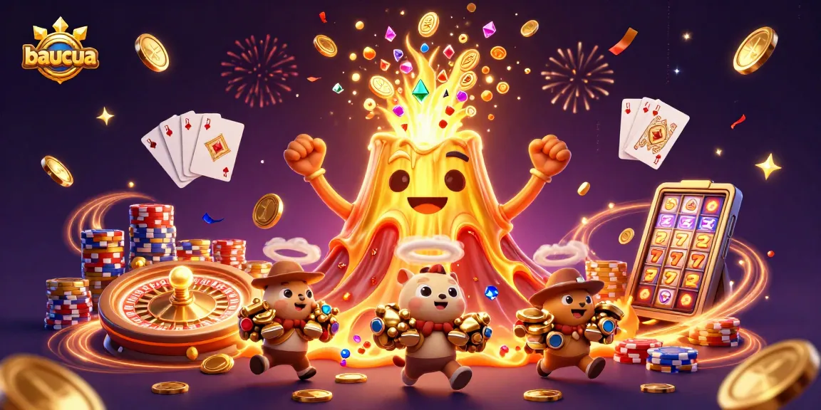 Baucua showcases gamblers winning treasures from a golden erupting volcano in a vibrant casino scene.