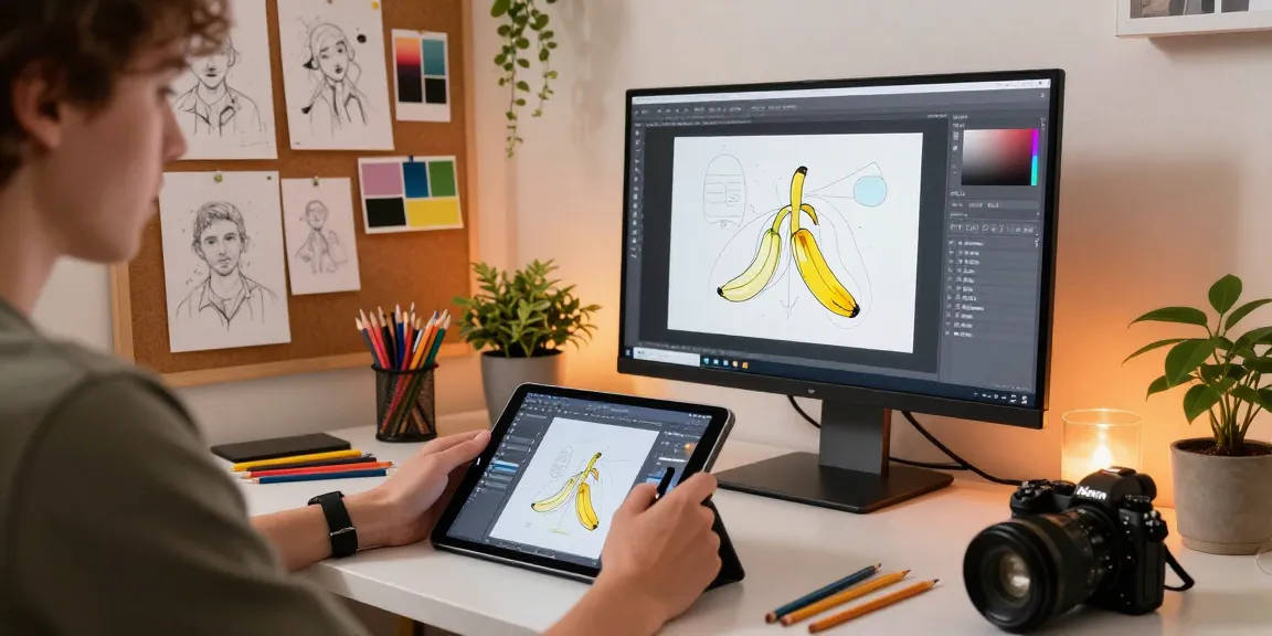 Artist using nano banana 2 AI image editor in a creative digital studio.