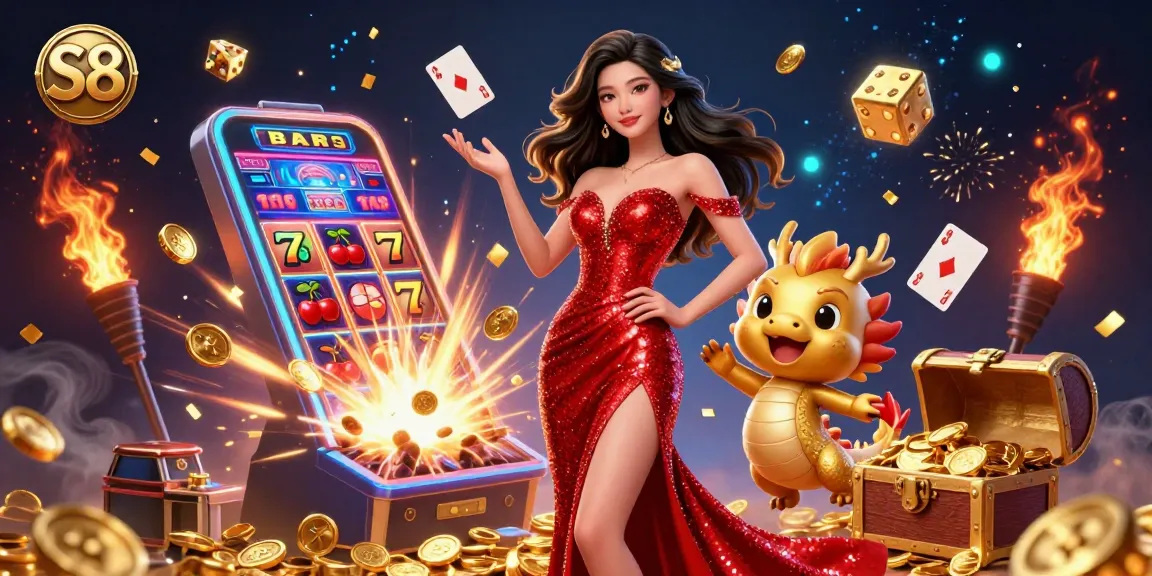 S8 presents a vibrant illustration showcasing a charismatic Asian woman with a golden dragon in a rich casino setting filled with winnings.