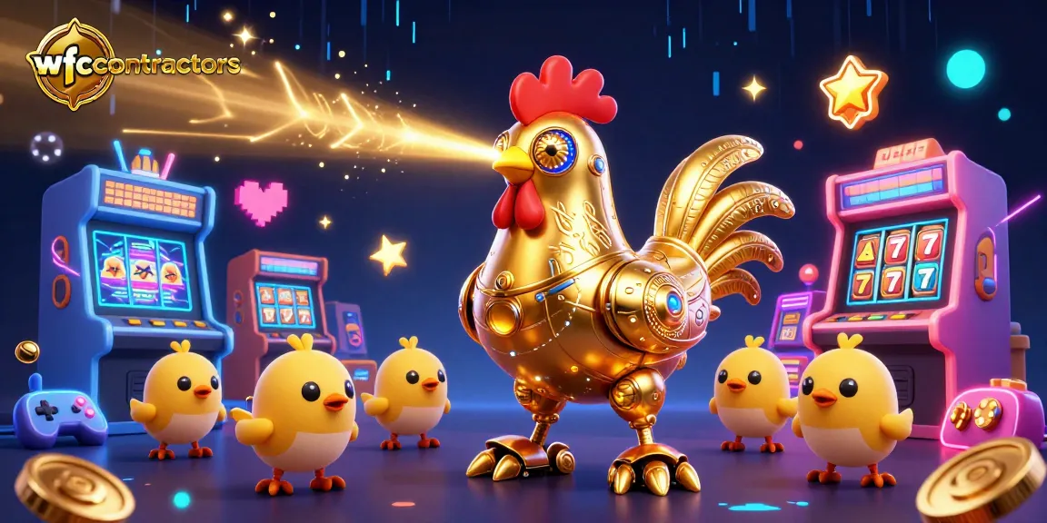 WFCContractors showcases a vibrant casino scene with a golden rooster robot and gaming elements.