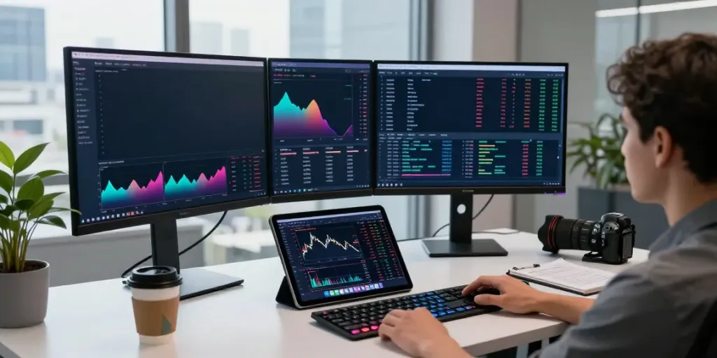 HKEX market data vendor interface displayed on a modern trading setup with cryptocurrency analytics.