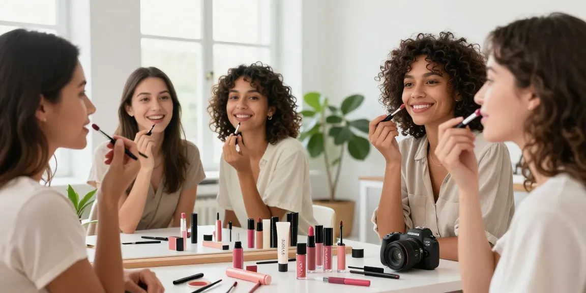 Women applying wholesale make up in a bright studio environment, showcasing diverse beauty and natural cosmetics.