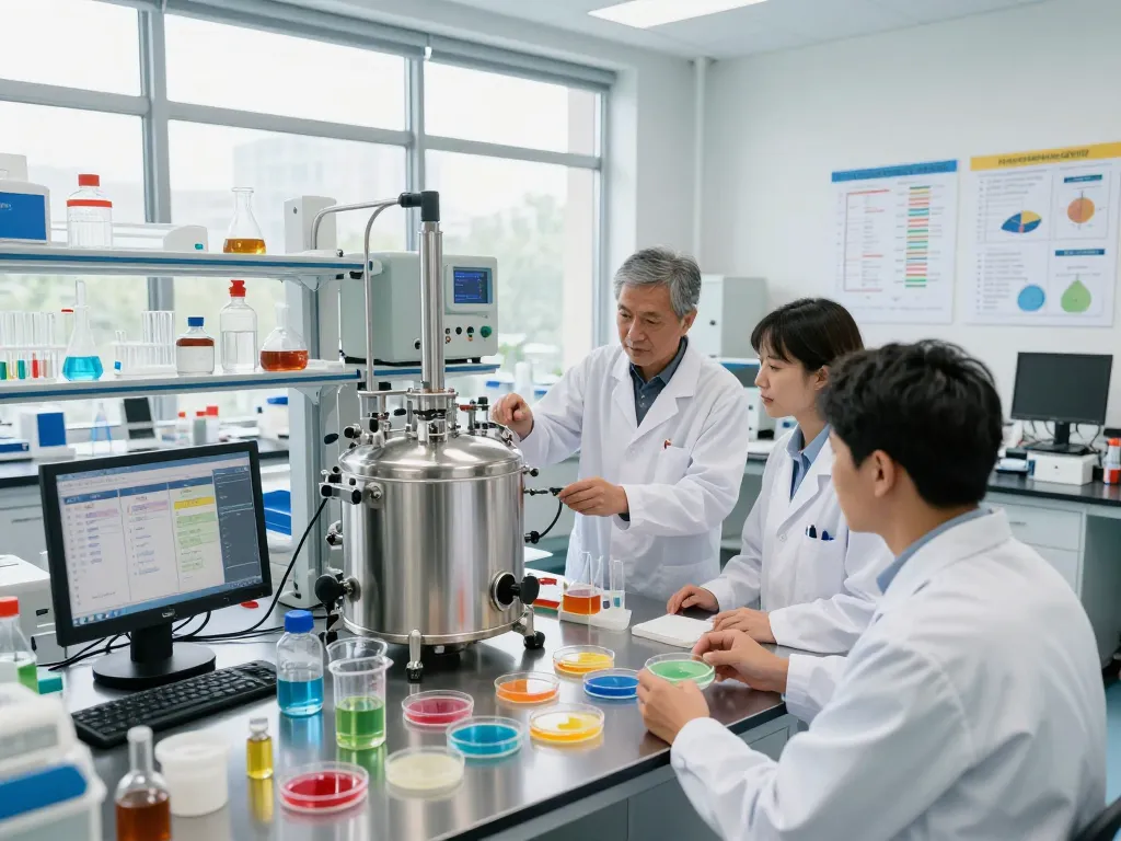 Scientists at www.bluepha.bio creating innovative biodegradable materials in a lab.
