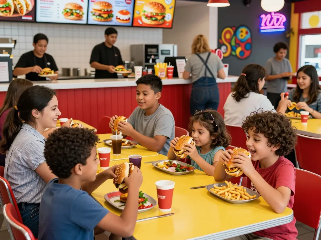 Fast food menu displayed in a lively restaurant with families enjoying meals
