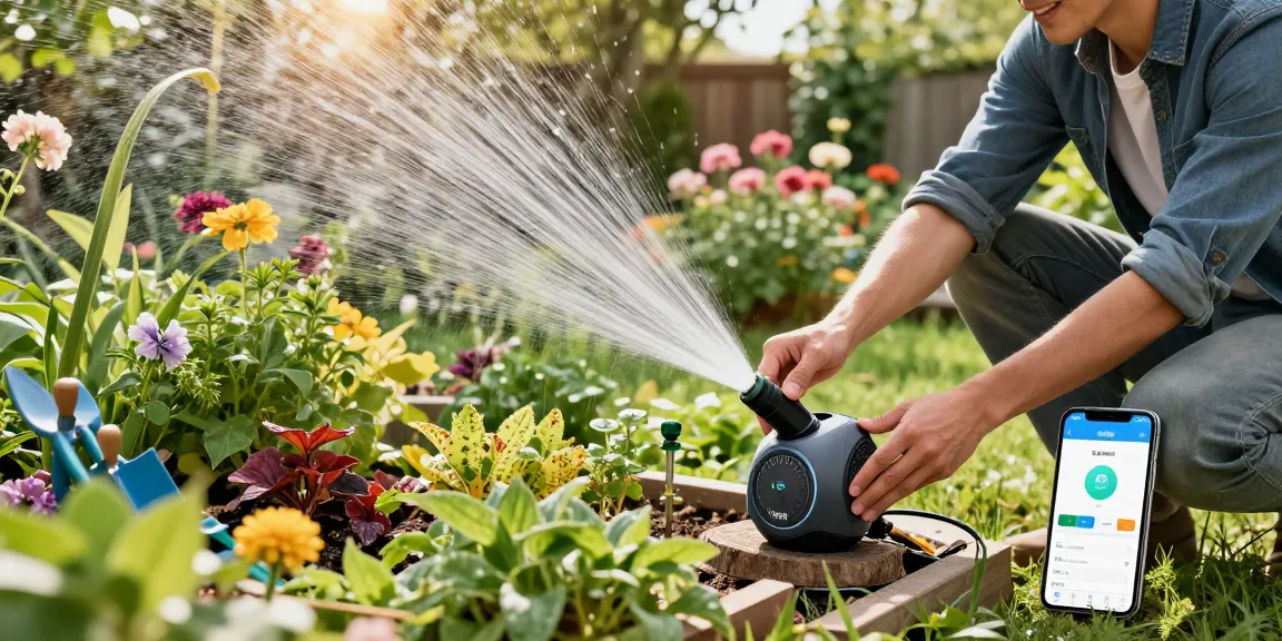 Gardener using a RainPoint water timer to efficiently water a vibrant garden.
