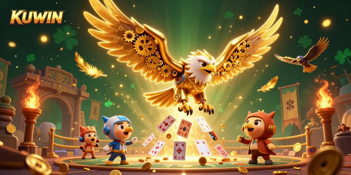 KUWIN offers thrilling gameplay with a cybernetic eagle amidst holographic cards, showcasing dynamic betting action.