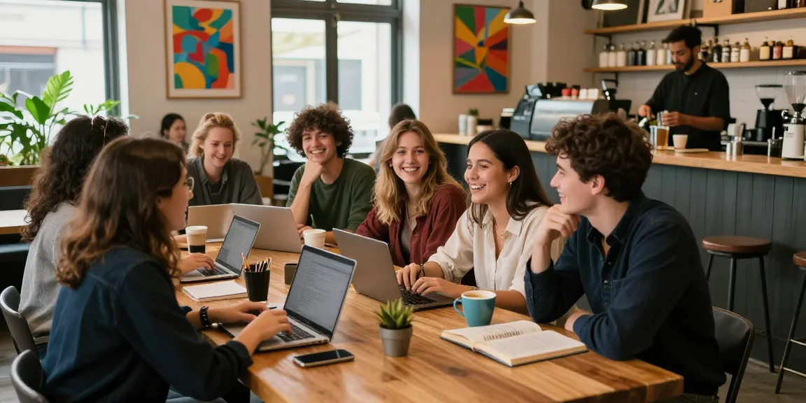 Young adults sharing stories about their crush on in a cozy coffee shop