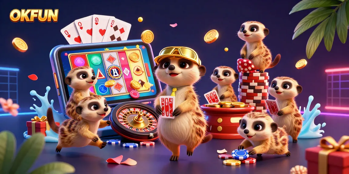 Experience winning at OKFUN with meerkats running a lively casino scene, showcasing vibrant slot games and chips.