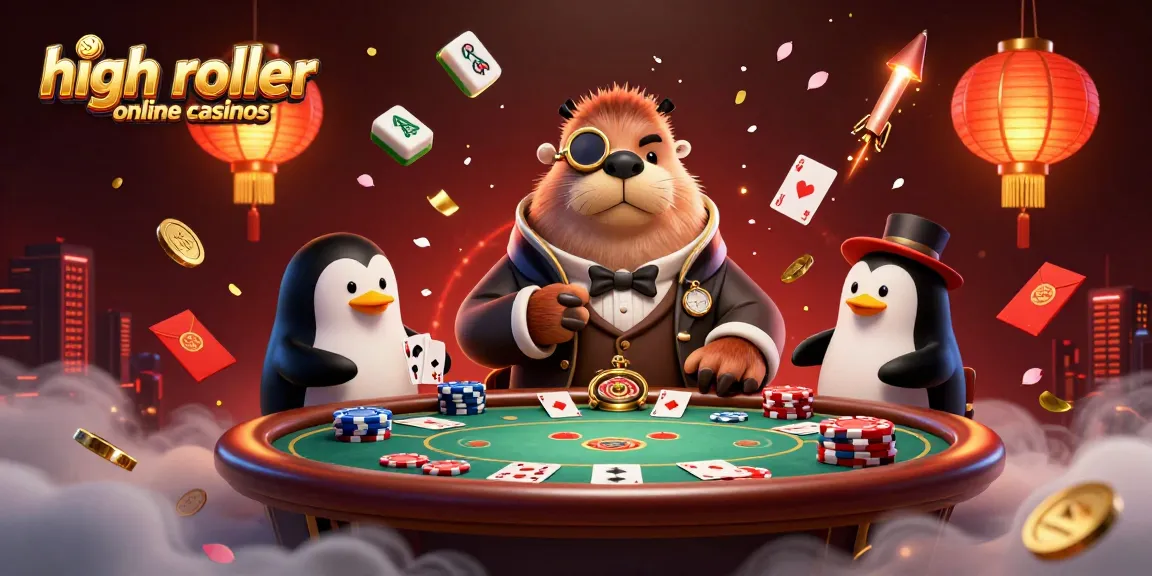 Experience the thrill of high roller online casinos with a jolly walrus and friends at a poker table.