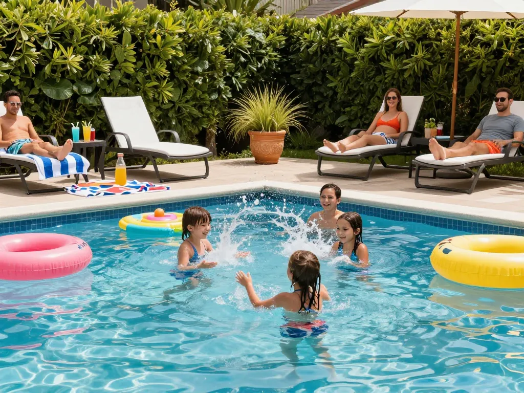 Dolphin Pool Services in a vibrant backyard setting with family enjoying the pool.