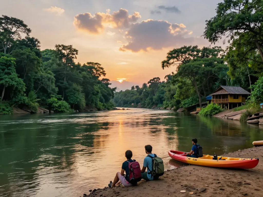 Dandeli stunning riverside view at sunset with a couple enjoying nature.