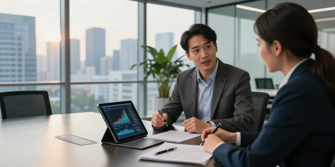 Advisor explaining investment options at Third Eye Capital's modern office, showcasing data insights and a city view.