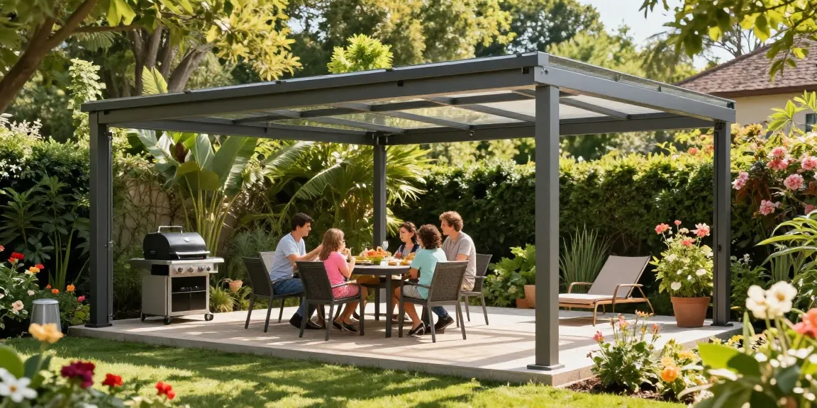Freistehende Terrassenüberdachung schützt die Familie bei einem Gartenfest