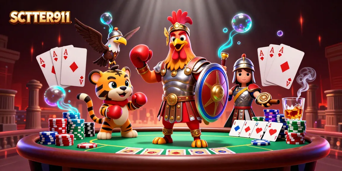 Engage with SCATTER911's thrilling casino experience featuring a dynamic illustration of a gladiator rooster amid poker action.