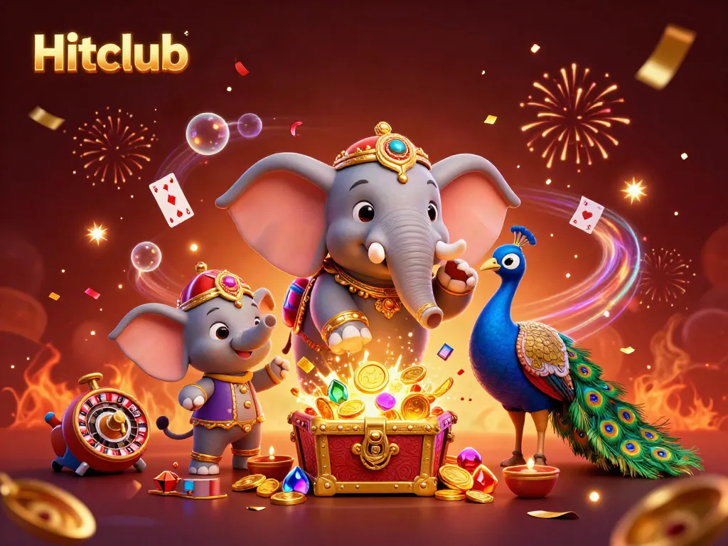 Hitclub presents a vibrant scene with a themed elephant, peacock, and casino action.