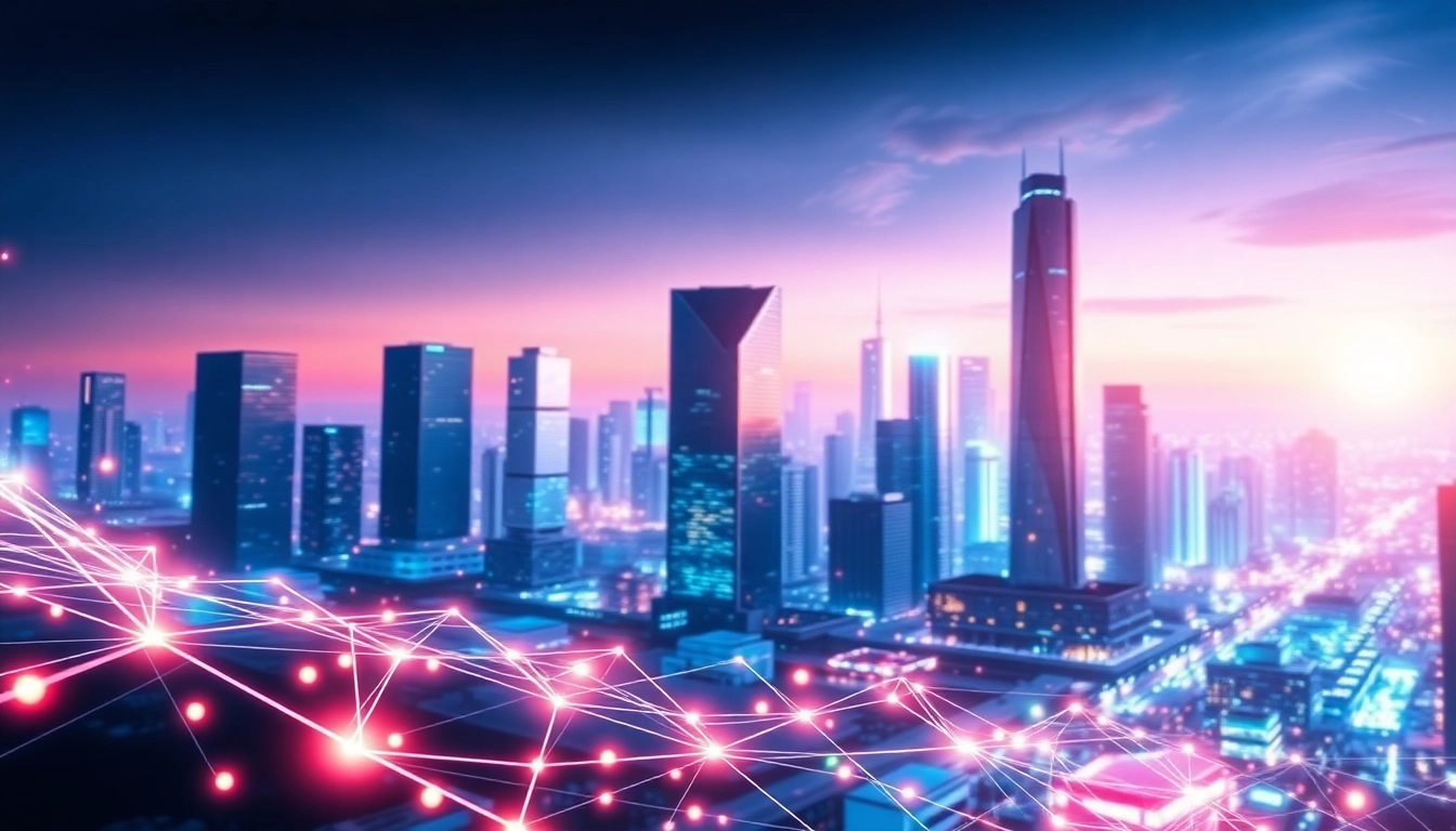 Visualize EORMC blockchain technology in a futuristic city with glowing data streams.