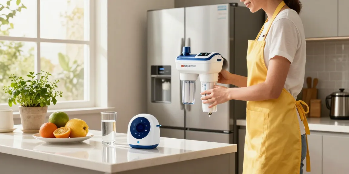 AQUA CREST EDR1RXD1 Replacement for W10295370A water filter being installed in a modern kitchen, showcasing a clean and vibrant home environment.