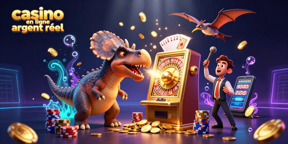 Gagnez avec casino en ligne argent réel : illustration d'un dinosaure face à une machine à sous en or