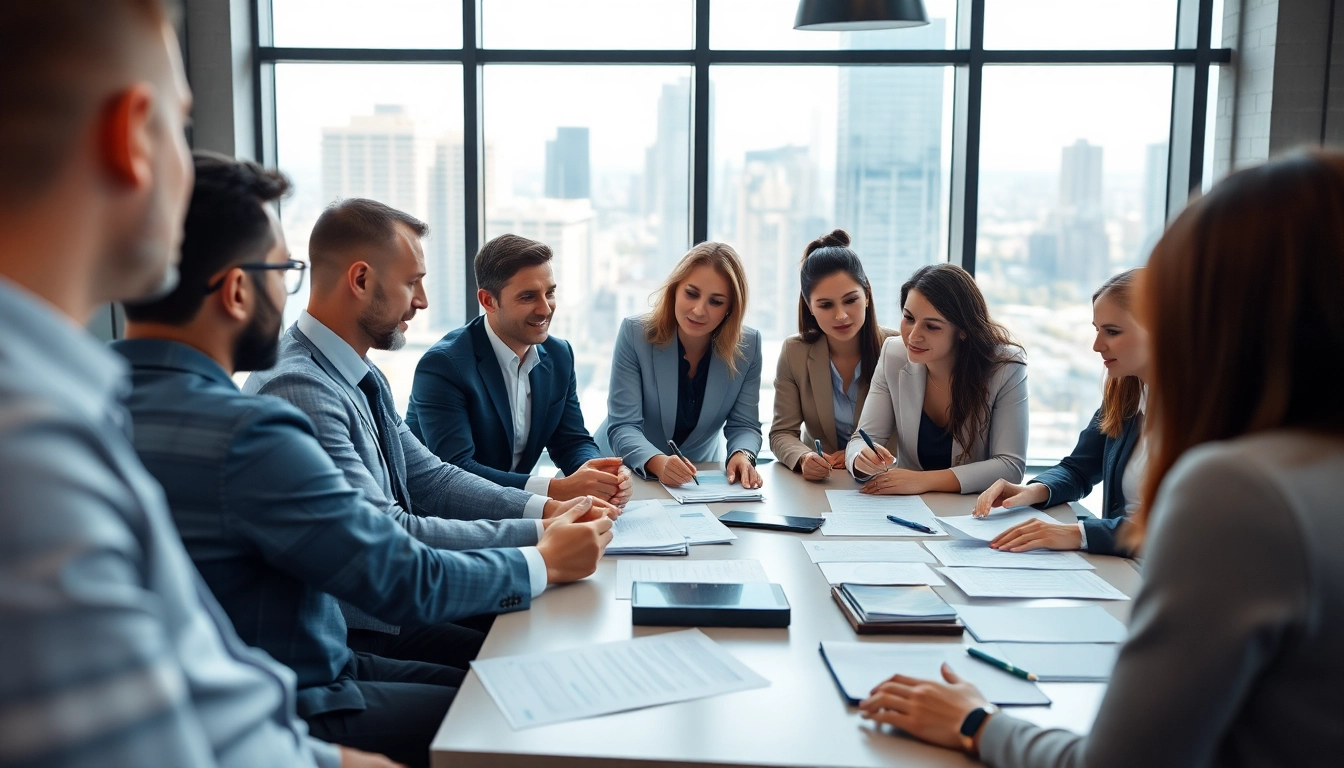 Consultants discussing contracts and grants in a modern office setting, showcasing teamwork and collaboration.
