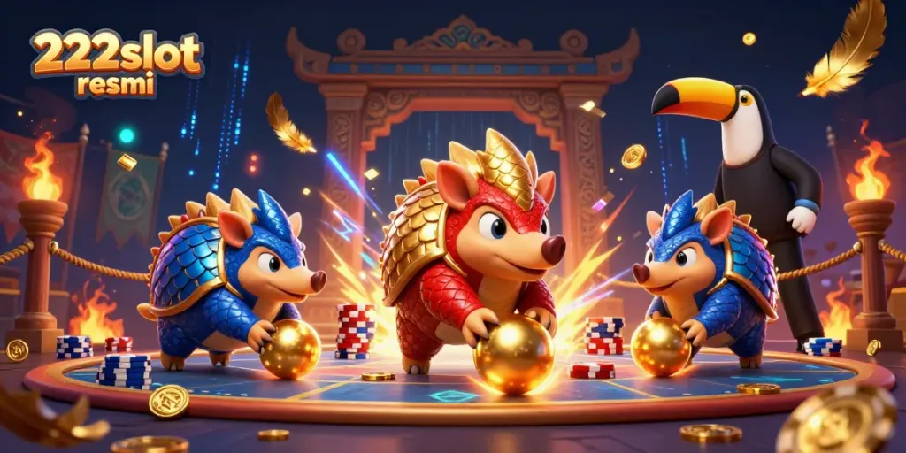 Gambaran 222slot resmi yang menampilkan pangolin raksasa berperang di arena kasino dengan chip poker dan koin emas yang bertebaran.