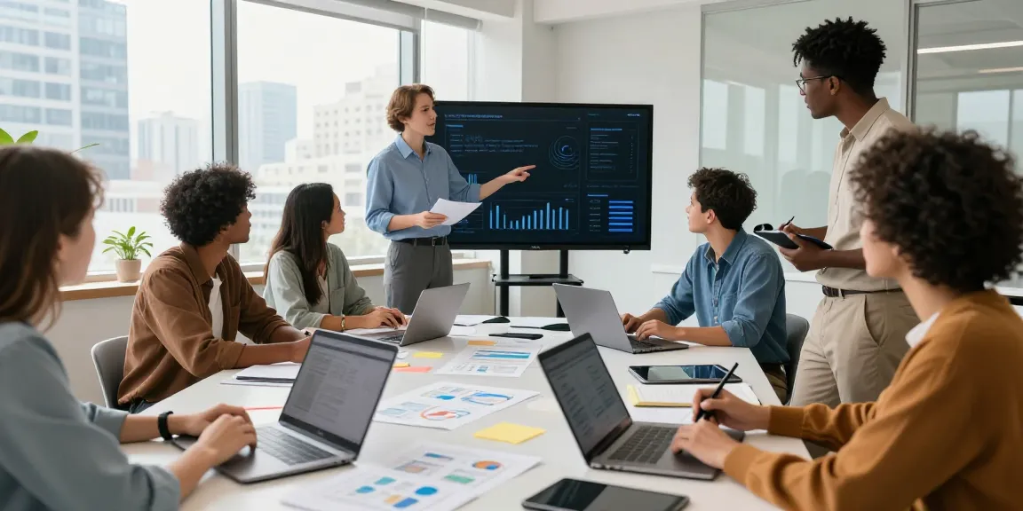 Team collaborating in a modern office showcasing business data from Outscraper for strategy discussions.