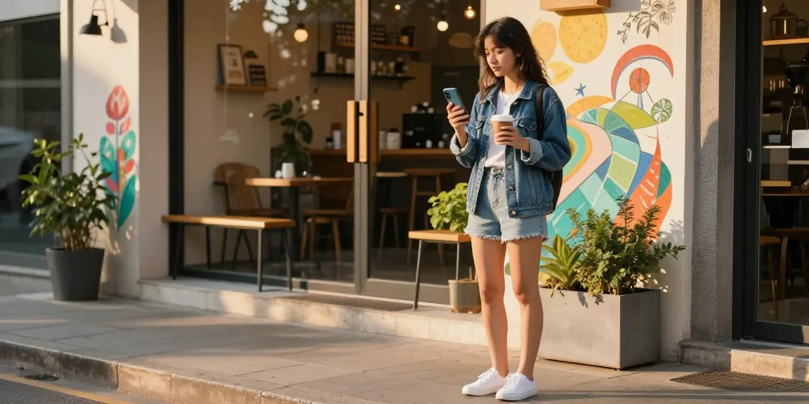 티비위키 플랫폼에서 컨텐츠를 스트리밍하는 여성의 활동 모습, 카페 배경으로 레트로한 분위기 조성