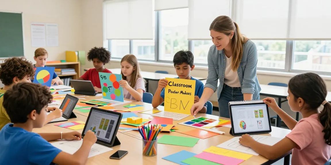 Classroom Poster Makers in action with students designing posters collaboratively.