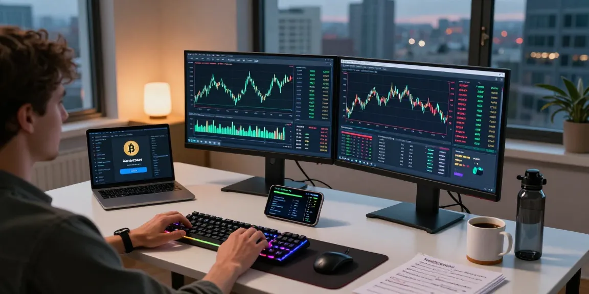 Bitcoin cloud mining workspace with live trading charts and crypto wallet interfaces showcasing security and profitability.