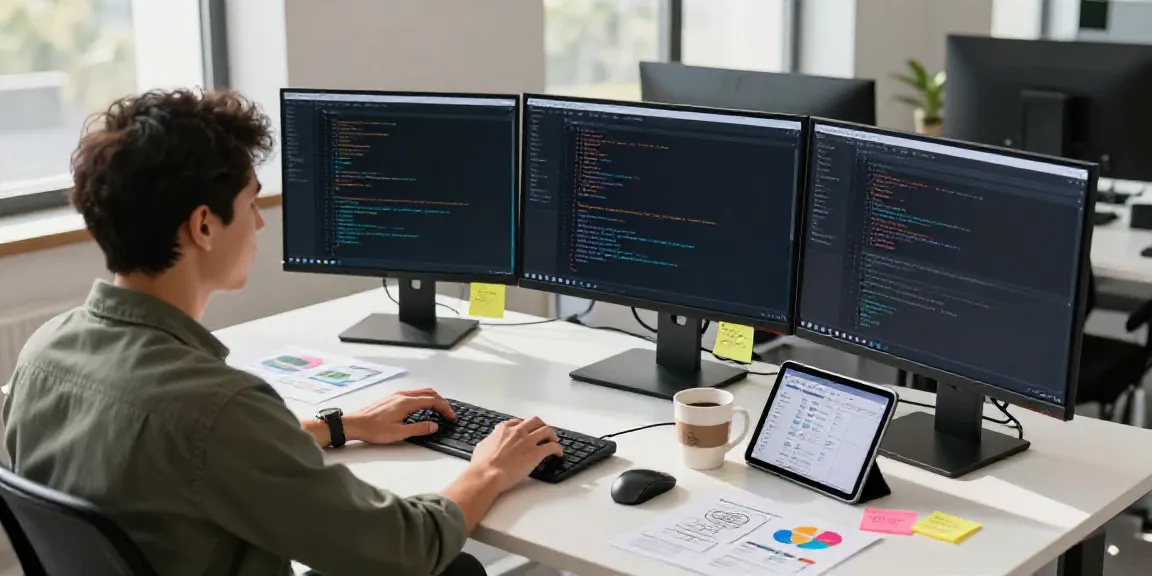 Brave browser developer coding with multiple screens in a modern workspace