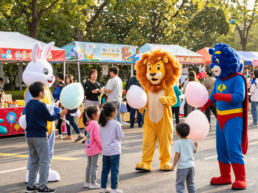 Cheerful festival scene with mascot costumes delighting families and children.