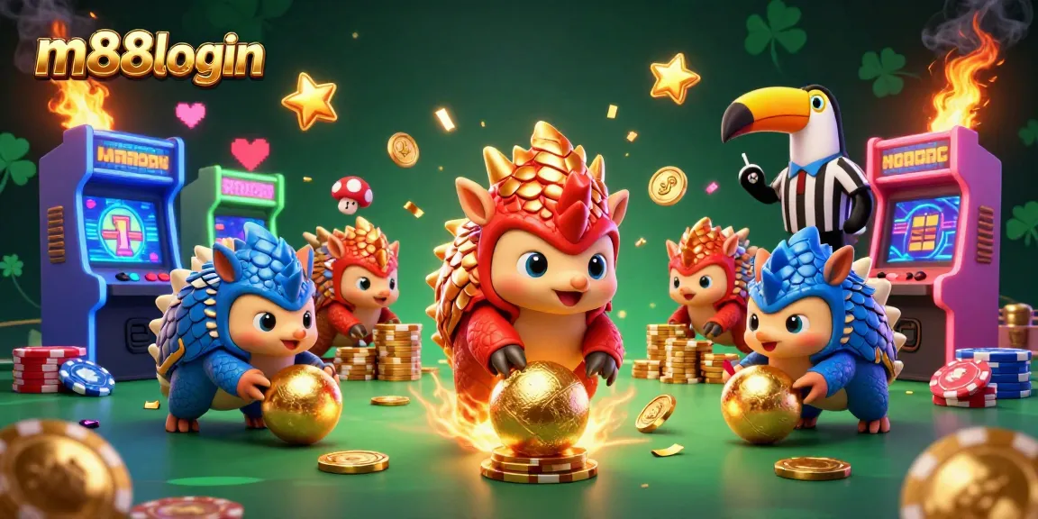 Pangolins competing in a vibrant casino-themed setting showcasing m88login with poker chips and arcade machines.
