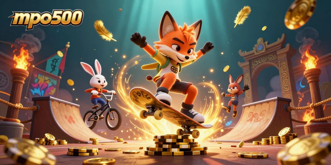 Experience exciting gaming with mpo500's vibrant casino-themed illustration featuring action and symbols.