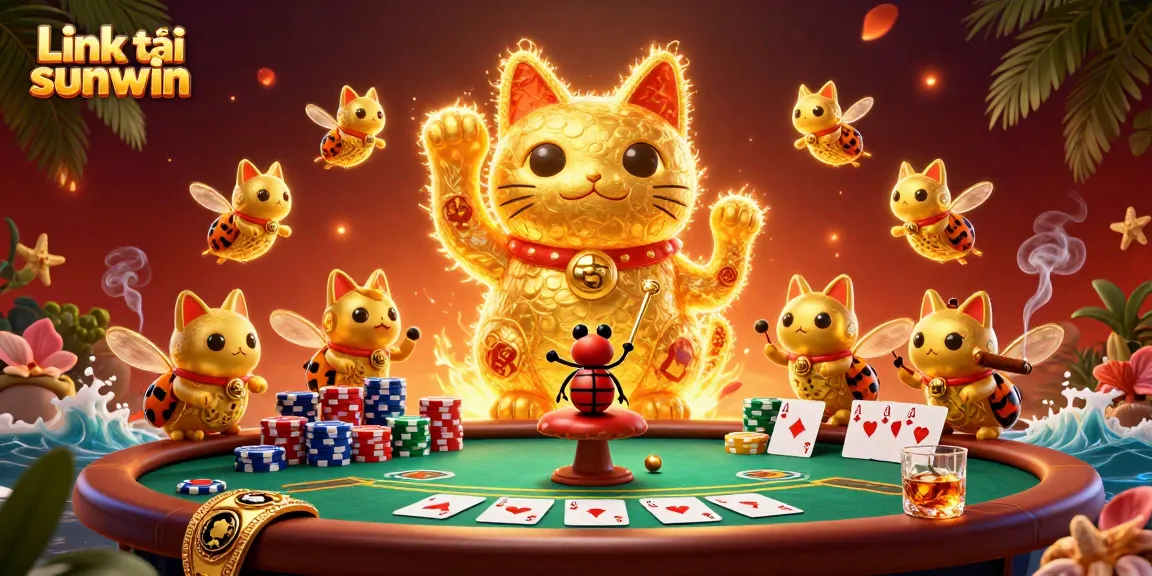 Engage with the excitement of Link tải sunwin through vibrant casino symbols and a lucky cat illustration.