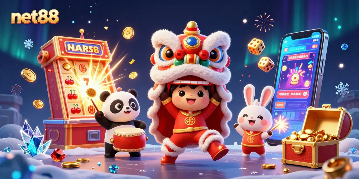 Experience the vibrant net88 casino world with a lion dance, winning symbols, and festive characters.