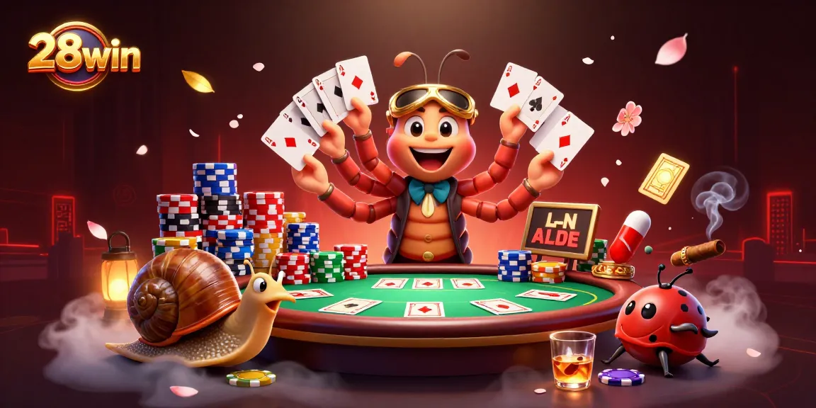 Engage with 28win, the online casino featuring a vibrant 3D poker scene with unique characters and rich casino elements.