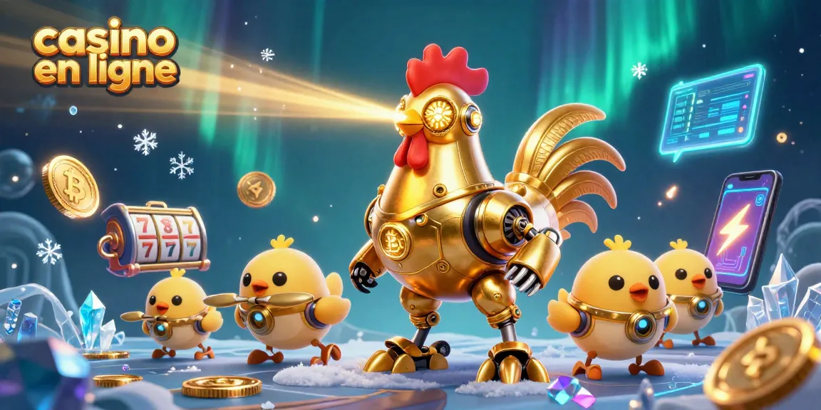 Jouez à casino en ligne avec un robot coq doré et des drones tendance, entourés de jetons et de graphismes.