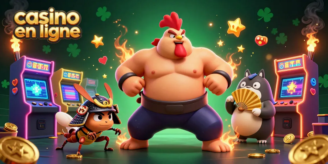 Casino en ligne vibrant avec un coq sumo et un grillon samouraï en action