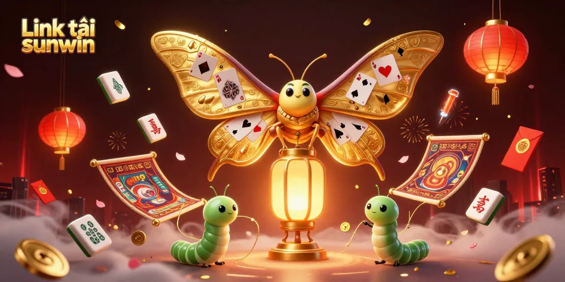 Engage with "Link tải sunwin" through an enchanting 3D casino illustration of a vibrant moth and whimsical casino elements.