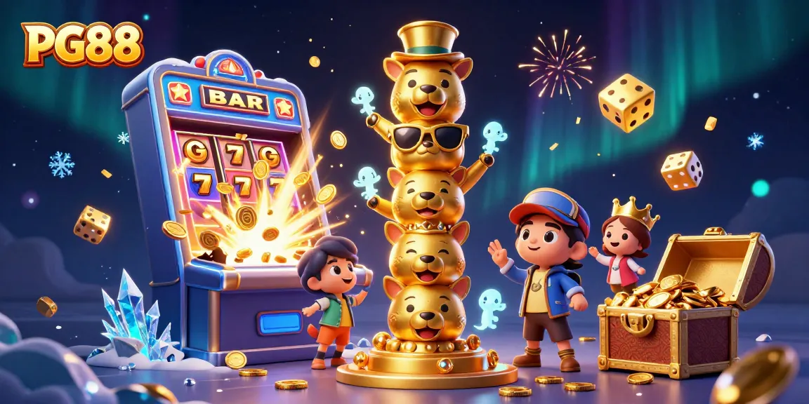 Experience the thrill of winning at PG88 with a vibrant casino scene featuring a colorful slot machine and a golden totem pole.