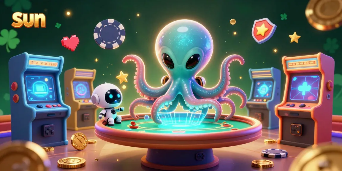 Engage in thrilling poker gameplay under the sun with a cosmic octopus dealer.