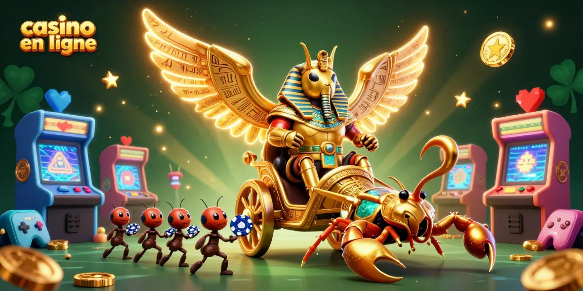 Plongez dans l'univers du casino en ligne avec cette illustration 3D captivante d'un scarabée doré au chariot, entouré de machines de jeu colorées.