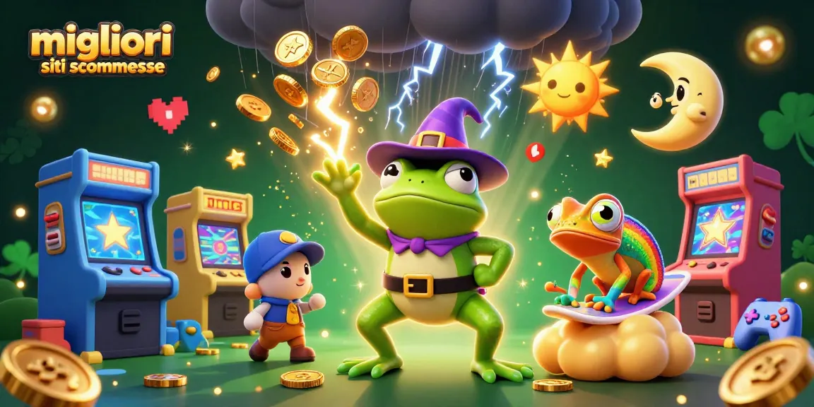 Scopri i migliori siti scommesse mentre il mago rana crea una tempesta di monete dorate.