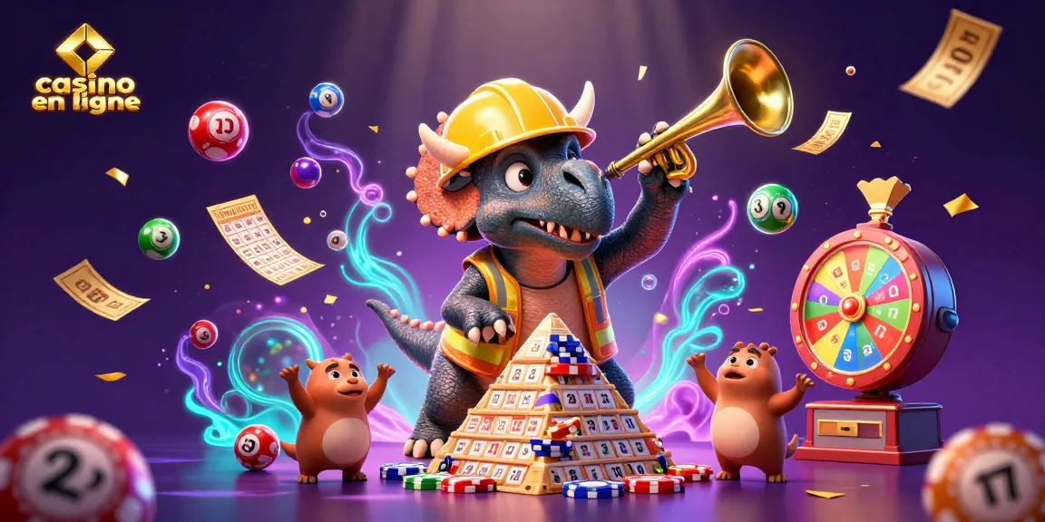 Vivez l'excitation d'un casino en ligne avec un triceratops construisant une pyramide de jetons de poker.