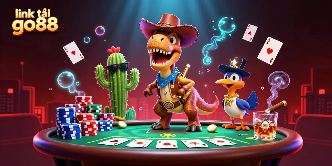 Engage with the vibrant scene featuring link tải go88 as the cartoon cowboy dinosaur leads in a thrilling casino adventure.