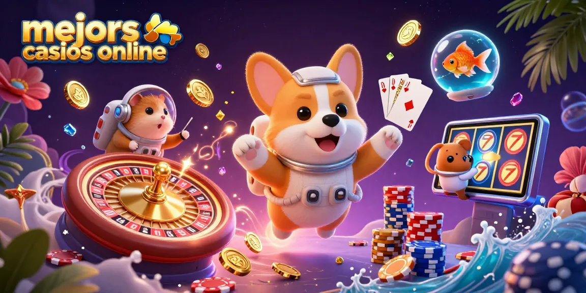 Juega en los mejores casinos online mientras flotan monedas doradas y cartas en un casino espacial.