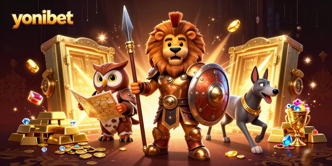 Experience winning strategies at Yonibet's vibrant casino scene with treasures and characters in action.
